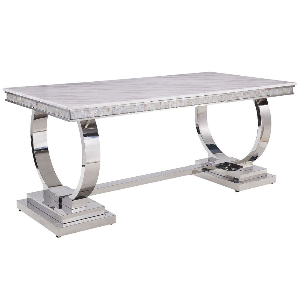 Zander - Dining Table - White Printed Faux Marble Top & Mirrored Silver
