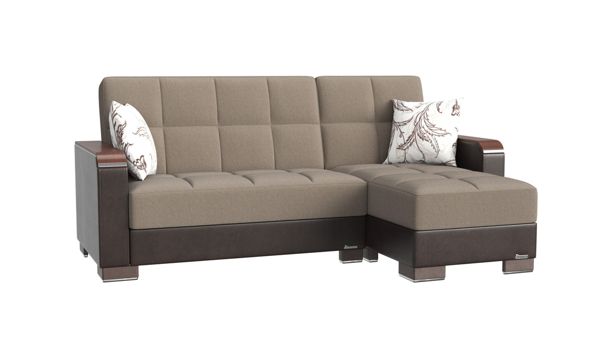 Ottomanson Armada X - Upholstered Convertible Wood Trimmed Chaise Lounge With Storage - Beige/Brown PU Chenille