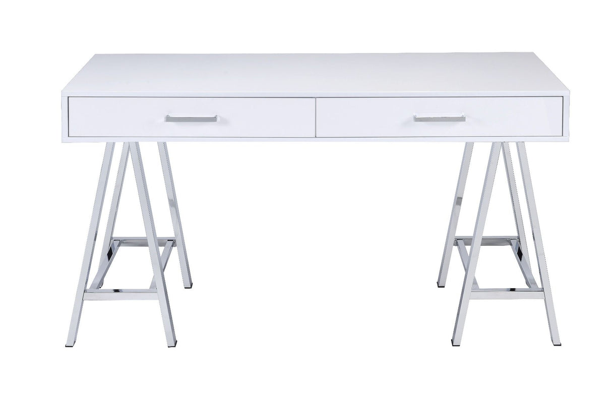 Coleen - Writing Desk With USB - White High Gloss & Chrome