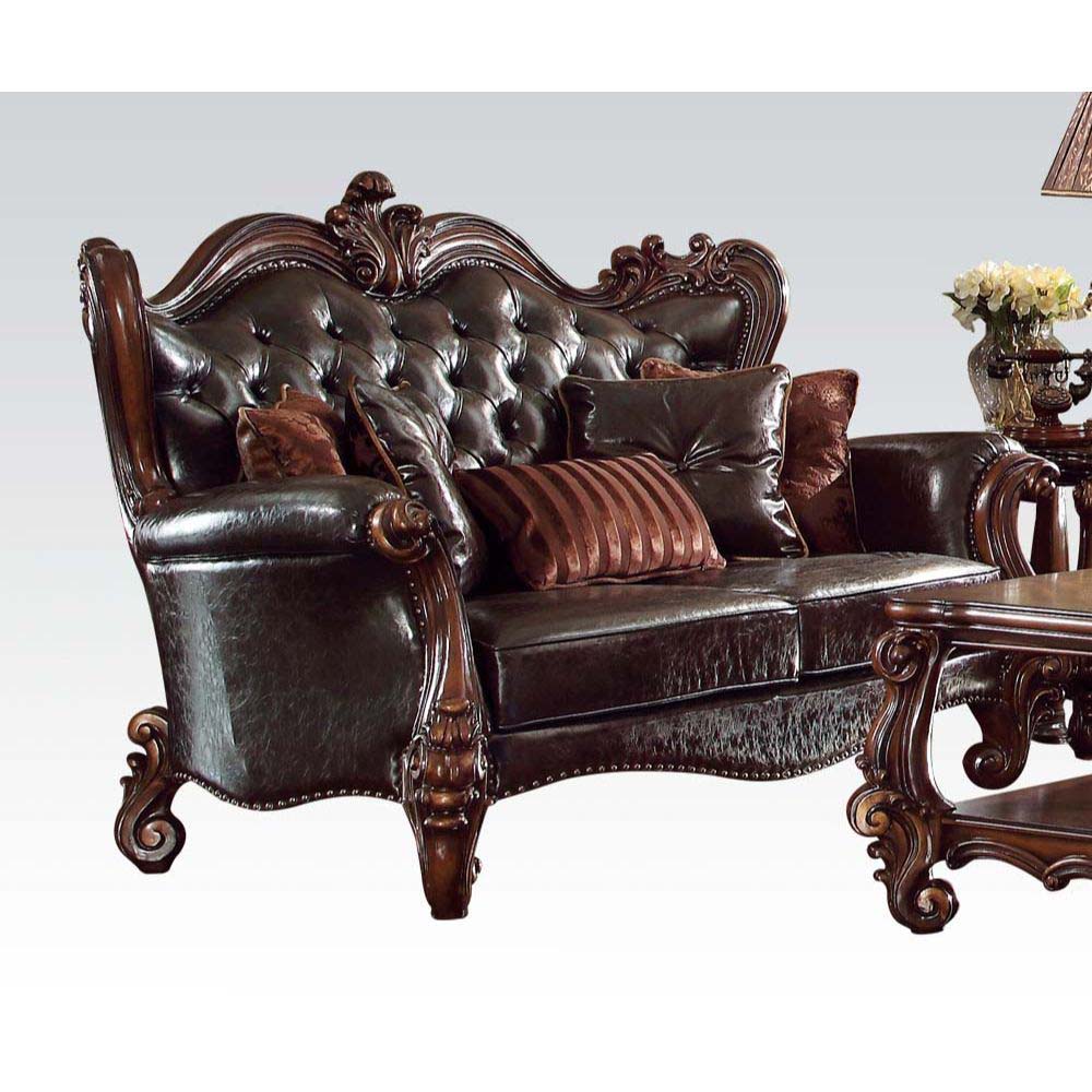 Versailles - Loveseat With 5 Pillows - Two Tone Dark Brown Synthetic Leather & Cherry Oak