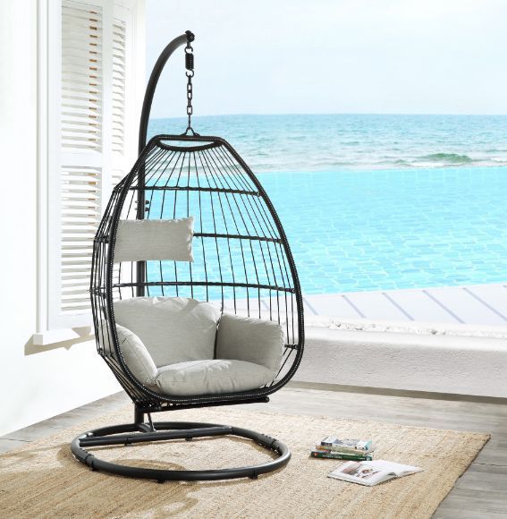 Oldi - Hanging Chair - Beige Fabric & Black Wicker