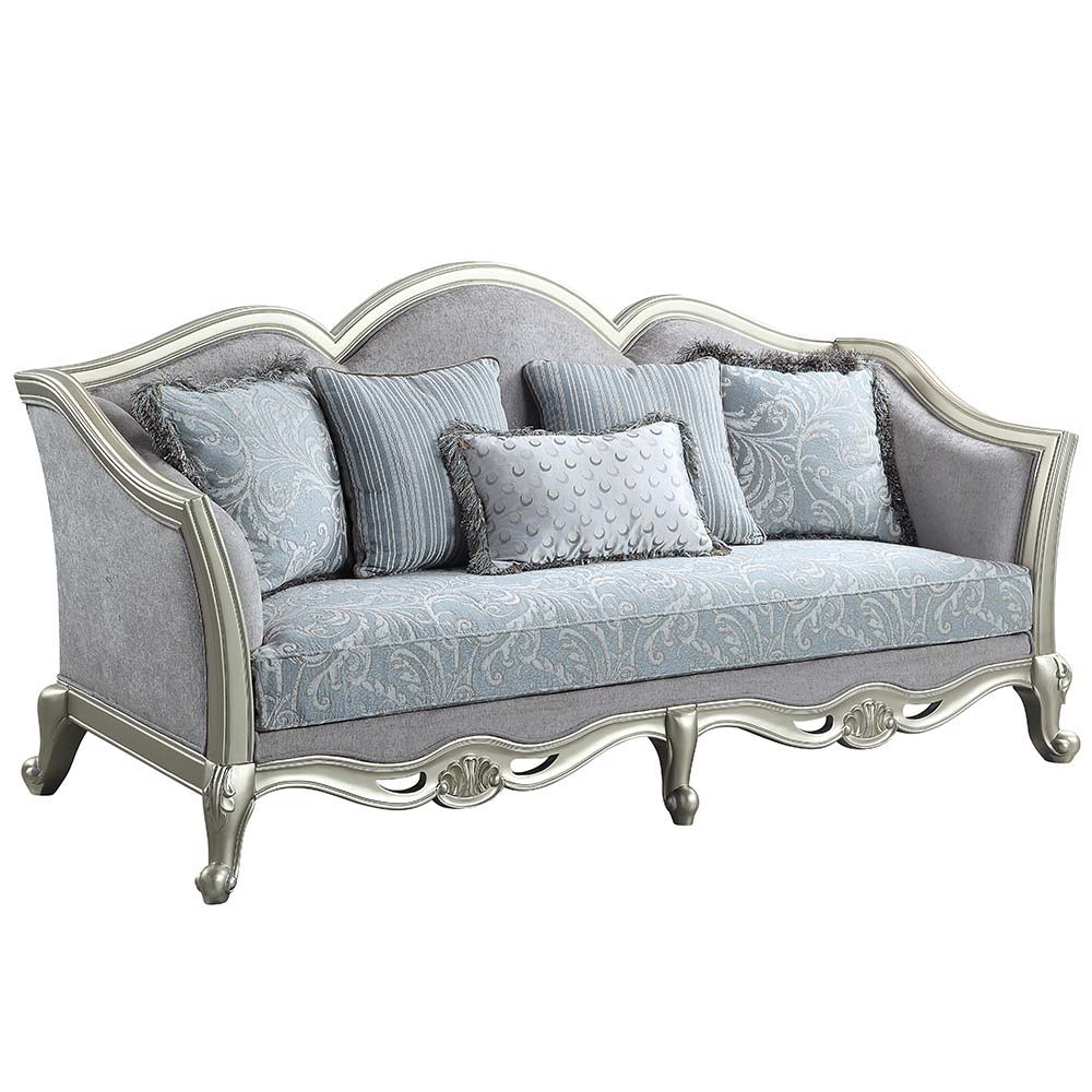 Qunsia - Sofa With 5 Pillows - Light Gray Linen & Champagne