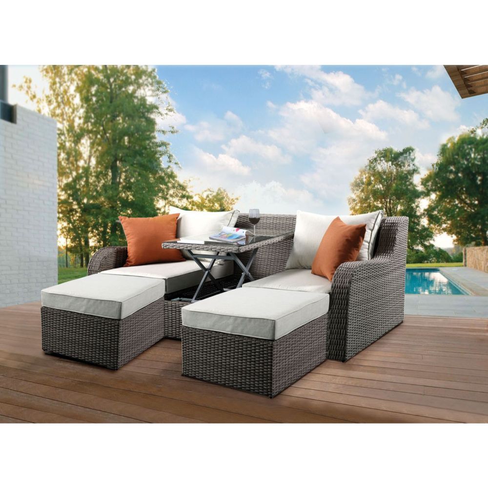 Salena - Patio Sofa With 2 Pillows & 2 Ottomans - Beige Fabric & Gray Wicker