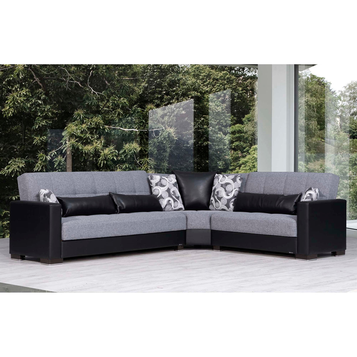 Ottomanson Armada - Upholstered Convertible Sectional With Storage - Gray/Black PU Polyester