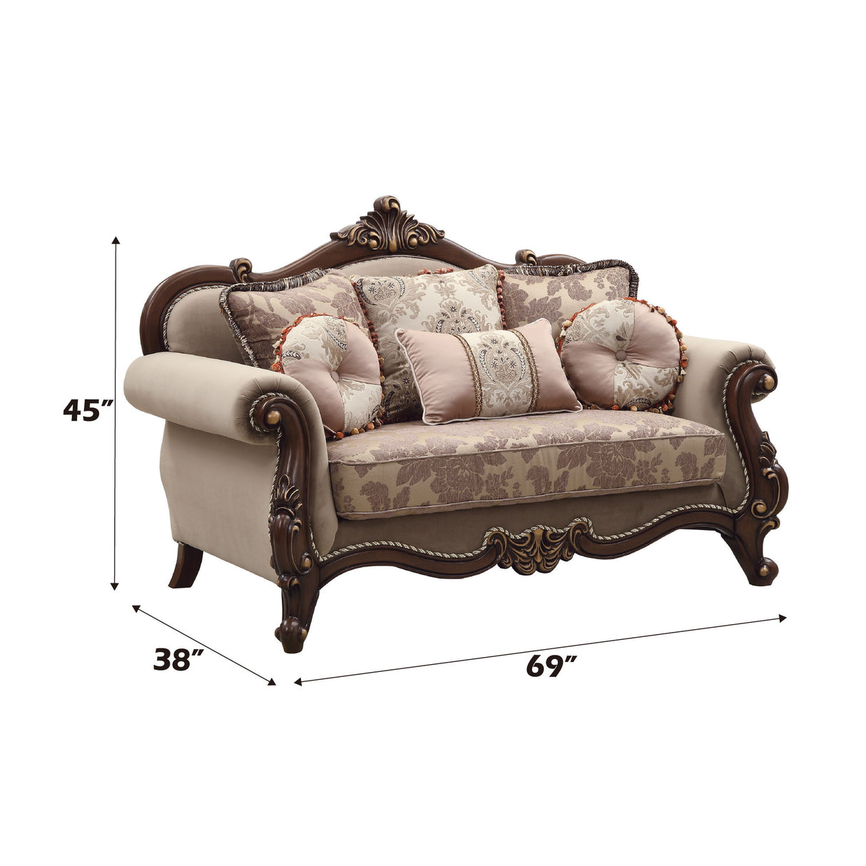 Mehadi - Loveseat With 6 Pillows - Velvet & Walnut
