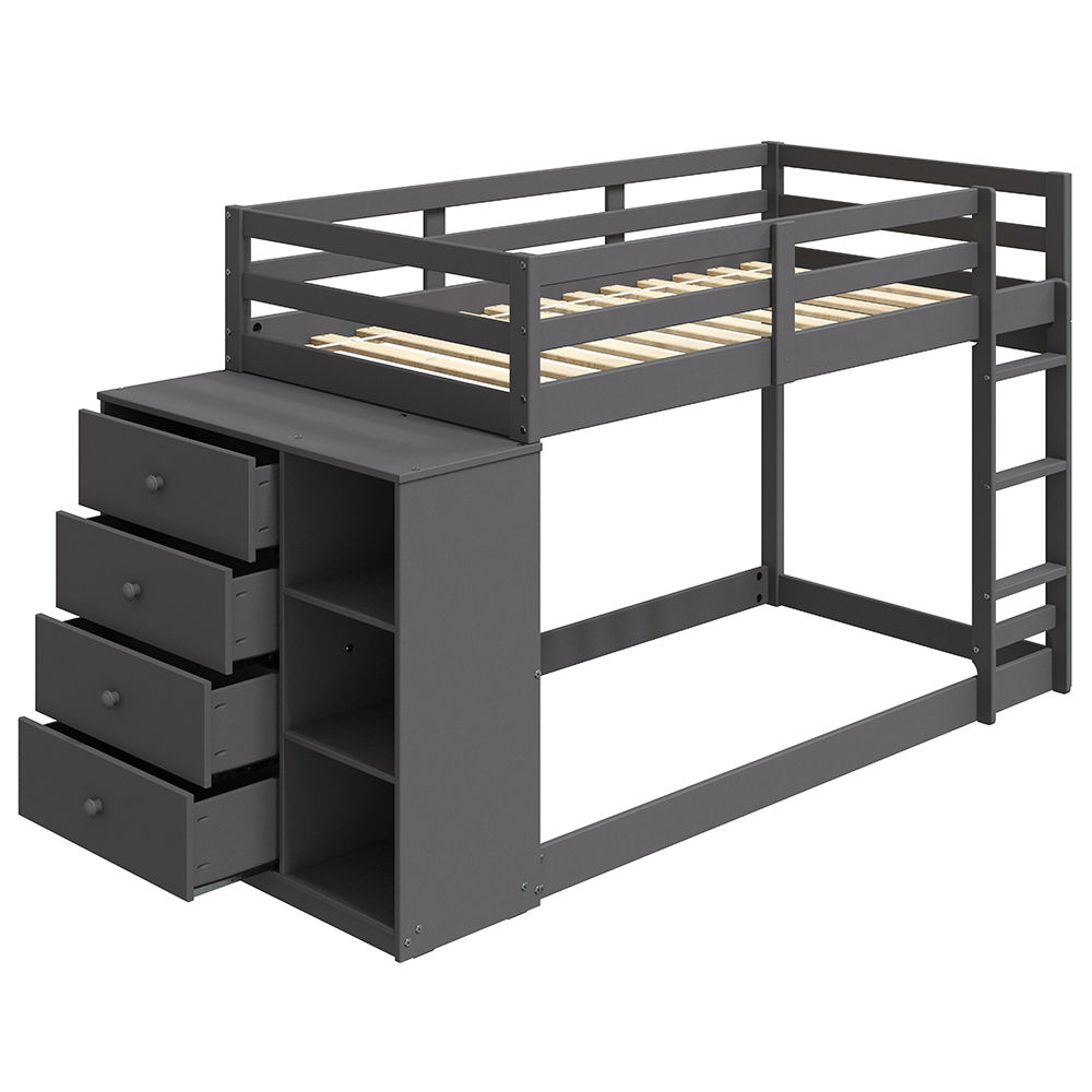Gaston - Twin Over Twin Bunk Bed With 4 Drawers & 3 Compartments - Gray