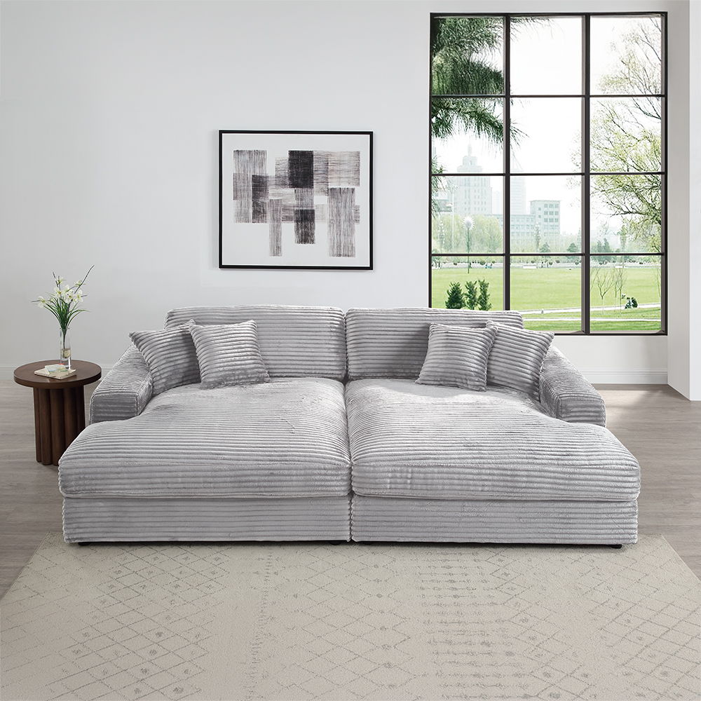 Hilde - Sectional Sofa With 4 Pillows - Light Gray Corduroy