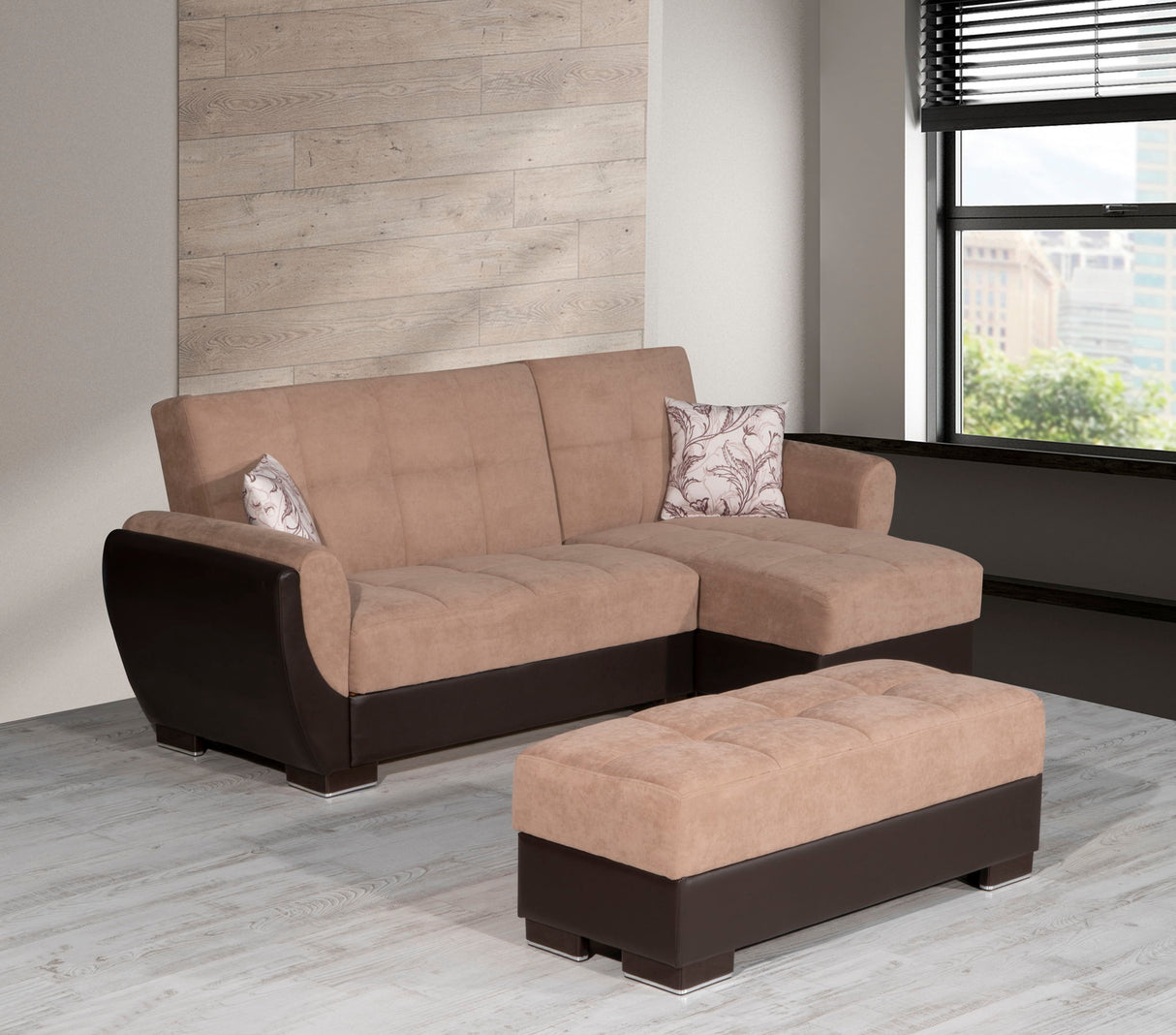 Ottomanson Armada Air - Upholstered Ottoman With Storage - Beige/Brown PU Chenille