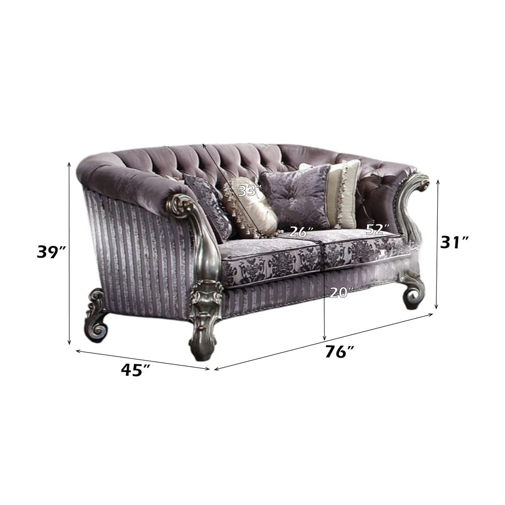 Versailles - Loveseat With 5 Pillows - Velvet & Antique Platinum