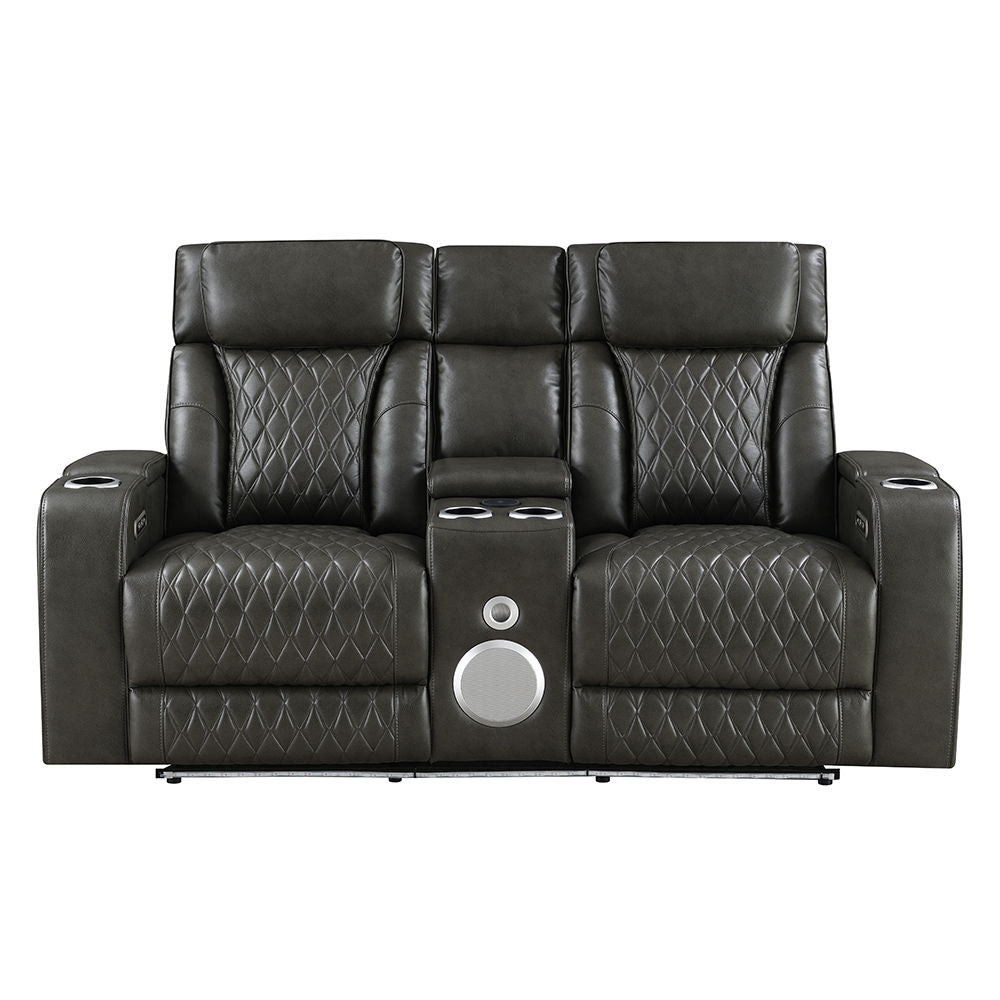 Taddeo - Power Motion Loveseat With Console, Speaker, USB, Wireless Charger & LED - Dark Gray