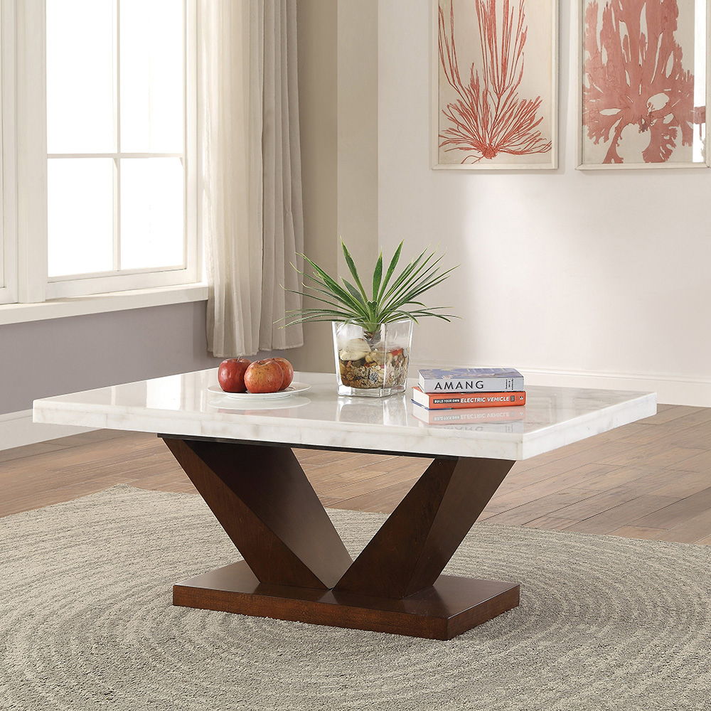 Forbes - Coffee Table - White Natural Marble Top & Walnut
