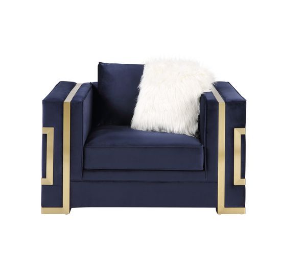 Virrux - Chair With 2 Pillows - Blue Velvet & Gold