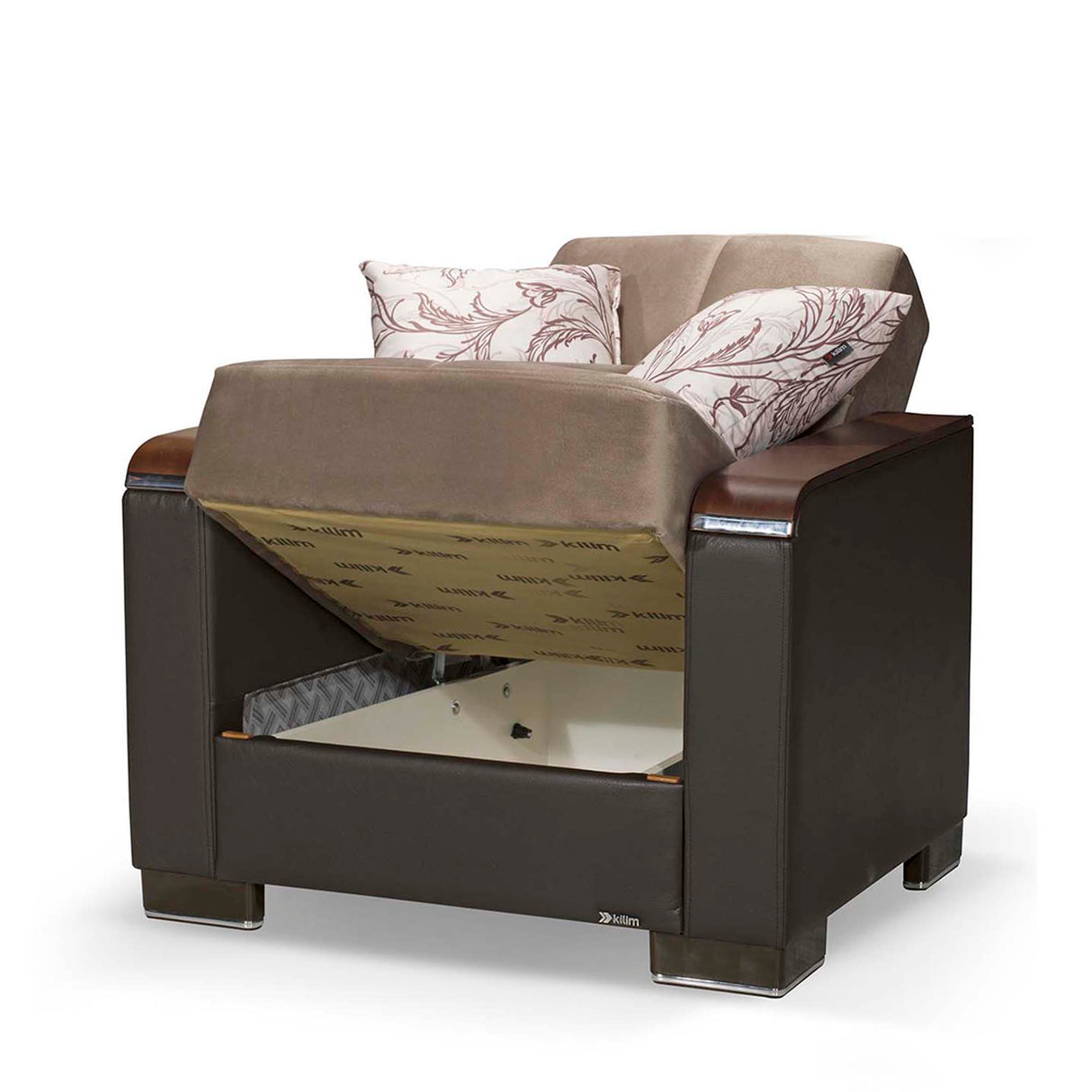 Ottomanson Armada X - Upholstered Convertible Wood Trimmed Armchair With Storage - Beige/Brown PU Chenille