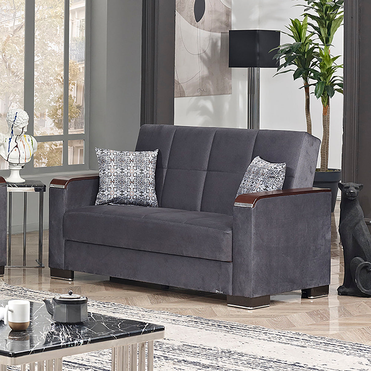 Ottomanson Armada X - Upholstered Convertible Wood Trimmed Loveseat With Storage - Microfiber