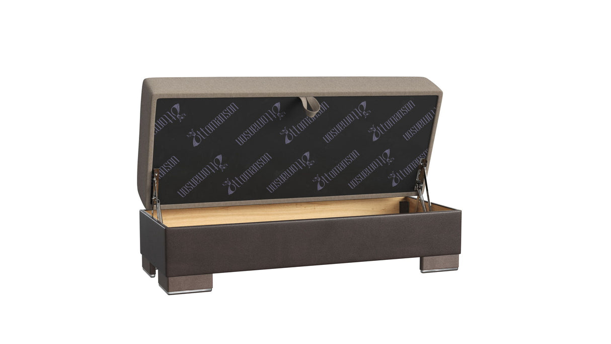 Ottomanson Armada X - Upholstered Convertible Wood Trimmed Ottoman With Storage - Beige/Brown PU Chenille