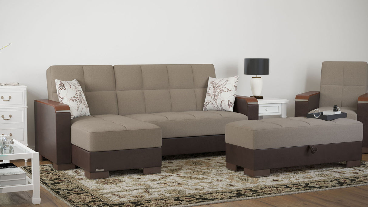 Ottomanson Armada X - Upholstered Convertible Wood Trimmed Ottoman With Storage - Beige/Brown PU Chenille