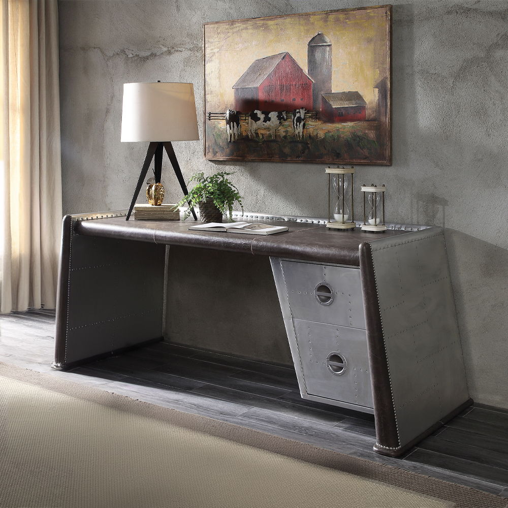 Brancaster - Executive Writing Desk - Distress Chocolate Top Grain Leather & Aluminum