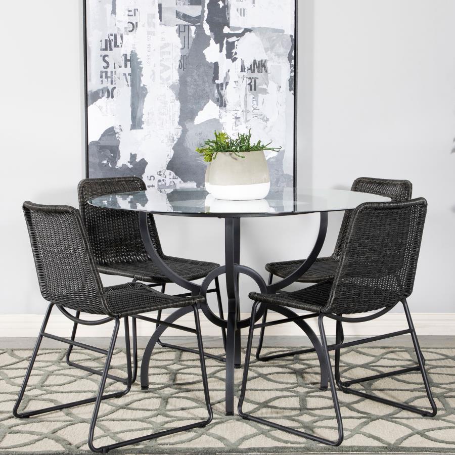 Aviano - 5 Piece Round Glass Top Dining Table Set With Rattan Chairs - Gunmetal