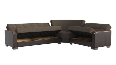 Ottomanson Armada X - Upholstered Convertible Wood Trimmed Sectional With Storage - Brown PU Polyester