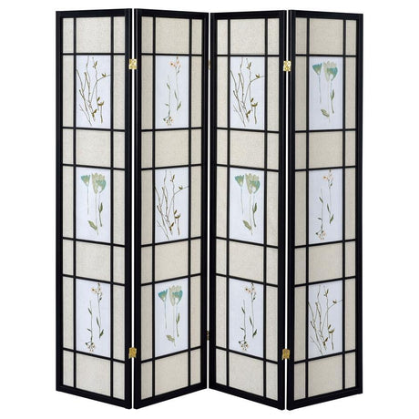 Catabella - 4 - Panel Room Divider Folding Shoji Screen Floral - Black