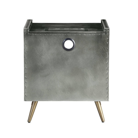 Doris - Nightstand With USB & Electric Lock - Gray Top Grain Leather & Aluminum