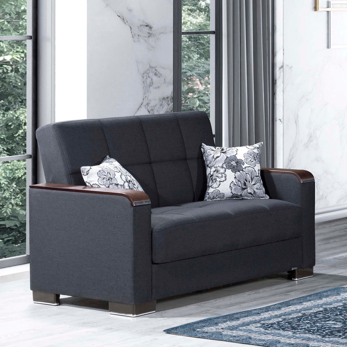 Ottomanson Armada X - Upholstered Convertible Wood Trimmed Loveseat With Storage - Polyester