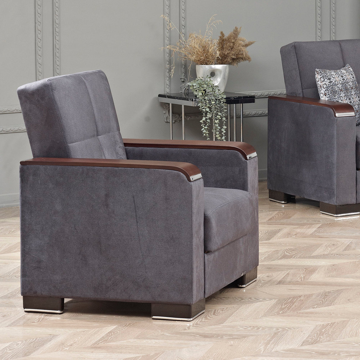 Ottomanson Armada X - Upholstered Convertible Wood Trimmed Armchair With Storage - Microfiber