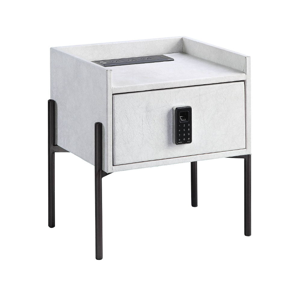 Metis - Nightstand With USB & Electric Lock - Vintage White Top Grain Leather
