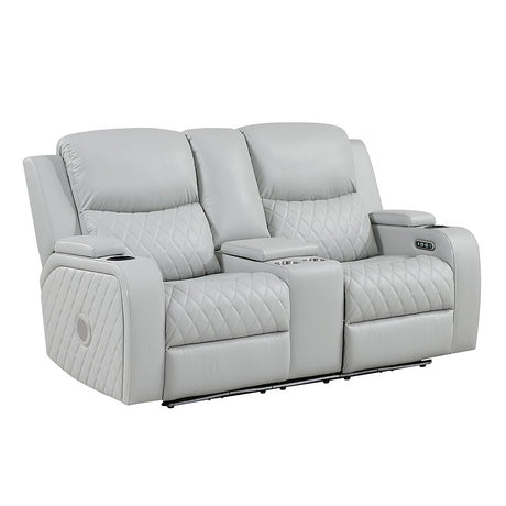 Elonzo - Power Motion Loveseat With Console, LED, Power Headrest & Speaker - Light Gray