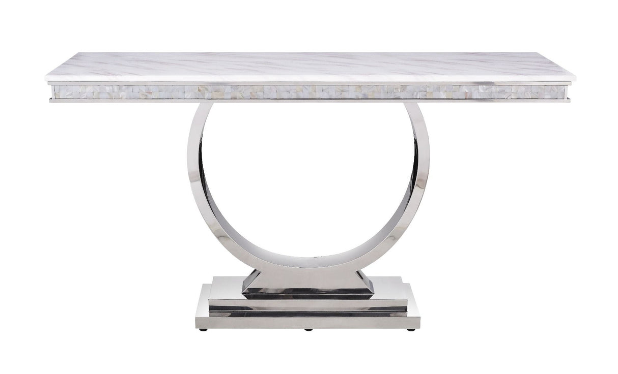Zander - Accent Table - White Printed Faux Marble & Mirrored Silver Finish