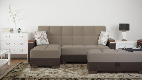 Ottomanson Armada X - Upholstered Convertible Wood Trimmed Ottoman With Storage - Beige/Brown PU Chenille