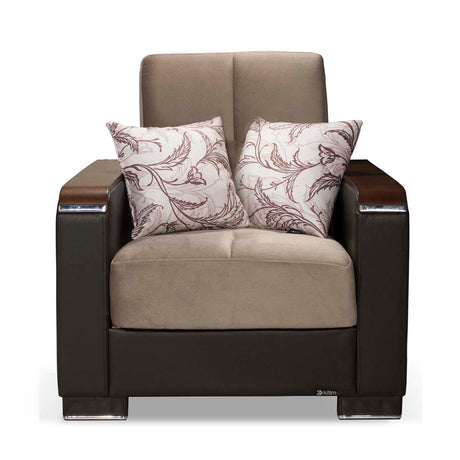 Ottomanson Armada X - Upholstered Convertible Wood Trimmed Armchair With Storage - Beige/Brown PU Chenille