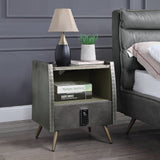Doris - Nightstand With USB & Electric Lock - Gray Top Grain Leather & Aluminum