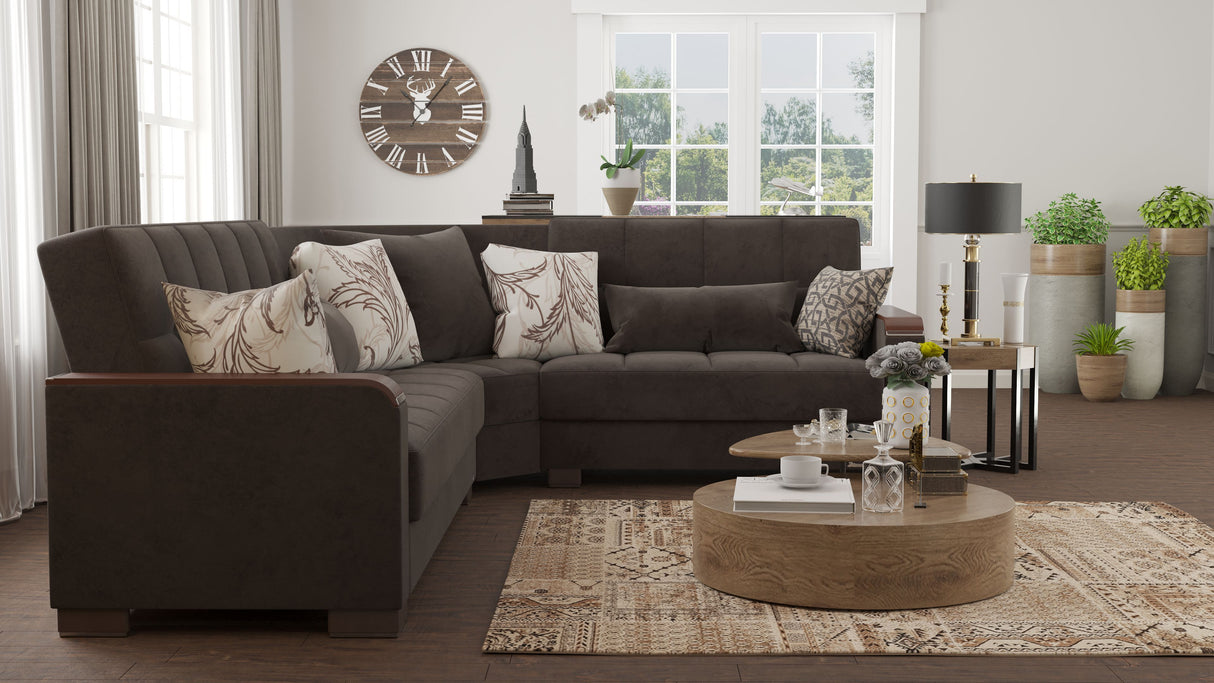 Ottomanson Armada X - Upholstered Convertible Wood Trimmed Sectional With Storage - Microfiber