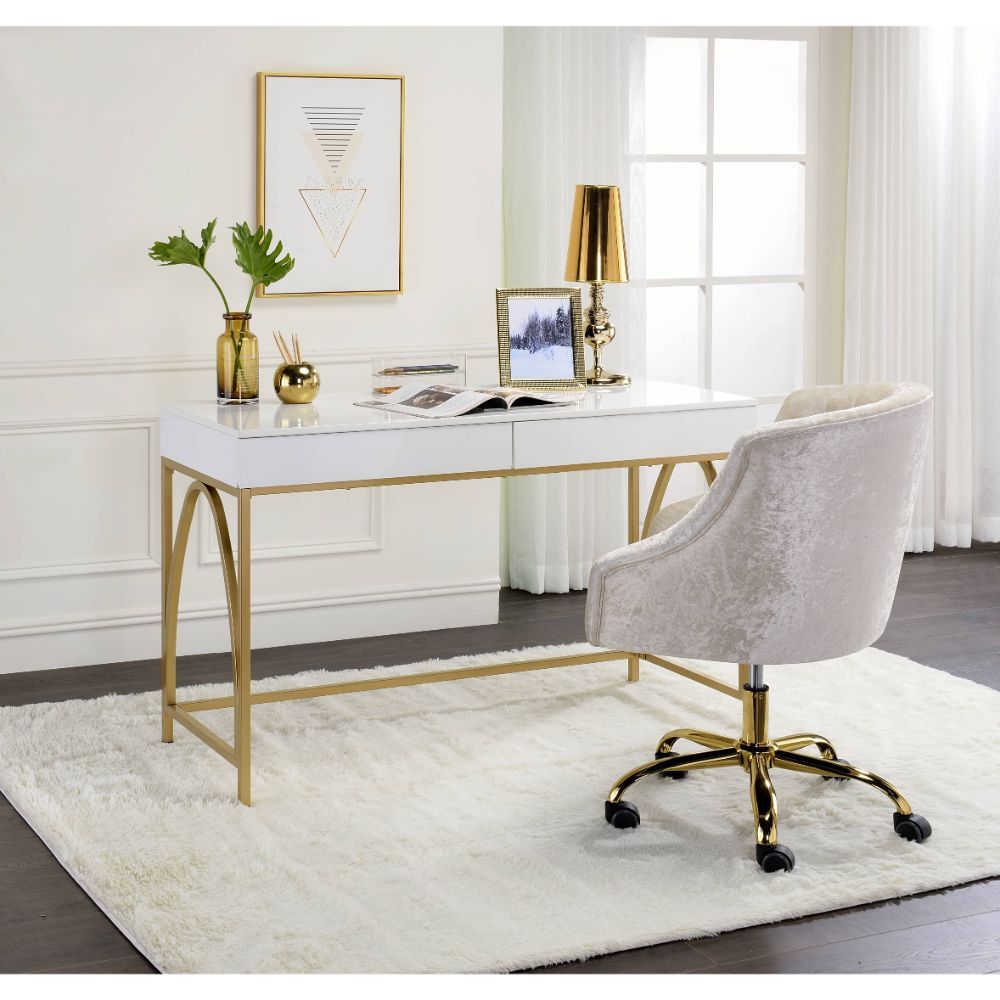 Lightmane - Writing Desk (Same Ac00900) - White High Gloss & Gold