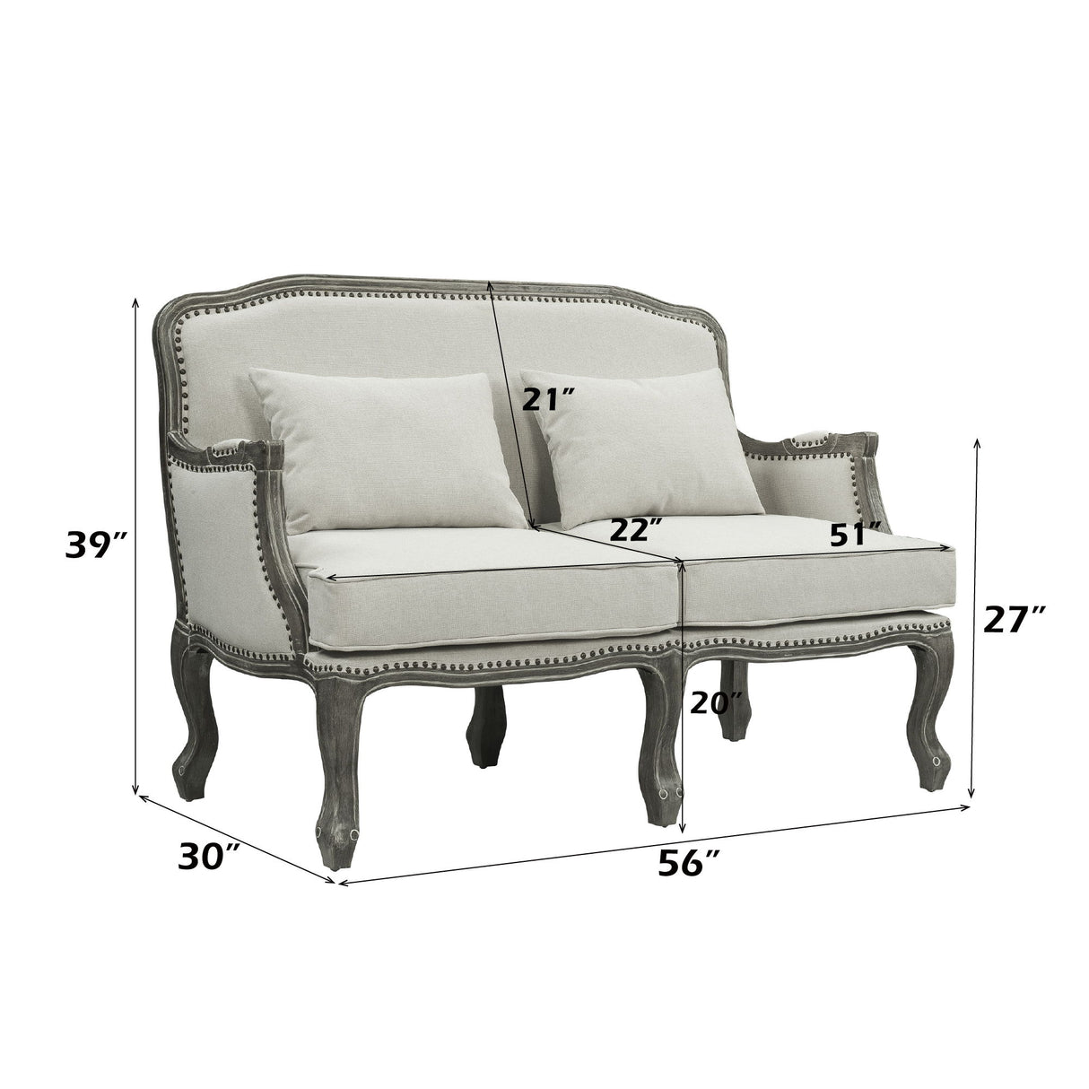 Tania - Loveseat With 2 Pillows - Cream Linen & Gray